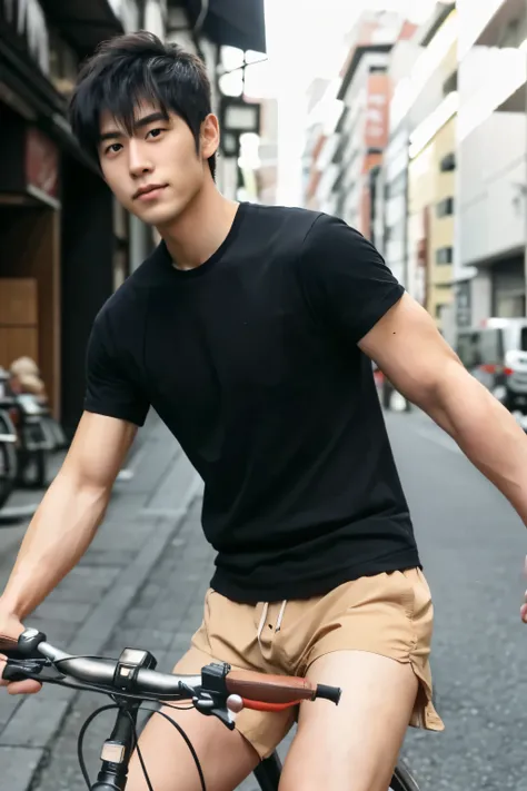 hairy legs, hairy legs, Riding a bicycle, whole body, hairy legs, muscular and toned legs, two block, long legs, Japan Male, 27 years old, thin beard, wearing beige shorts, wearing a black T-shirt, very short hair, black hair