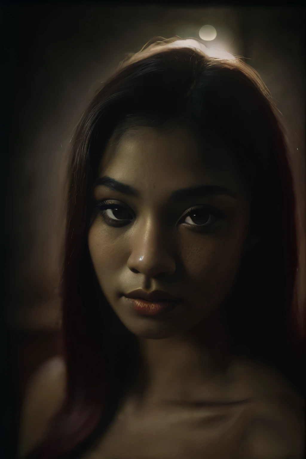 space, Bellydancer, sexy, cleavage, (close-up, editorial photograph of a 21 year old javanese woman), (highly detailed face:1.4) (smile:0.7) (background inside dark, moody, private study:1.3) POV, by lee jeffries, nikon d850, film stock photograph ,4 kodak...