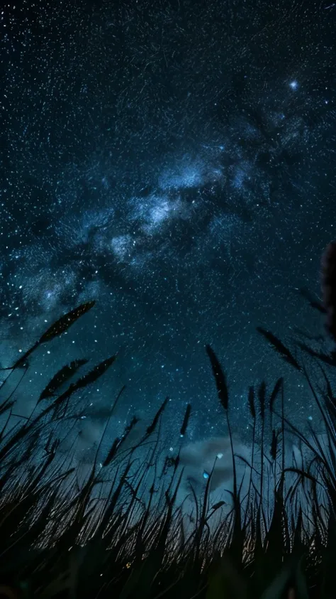 The night before dawn，Gaze through the flowers，Looking up at the sky from a low angle，grassland，Close up is tall grass，One，The sky in the distance，Shining starry sky，nebula,sky full of stars, Amazing concept art, beautiful fantasy painting, magnificent bac...