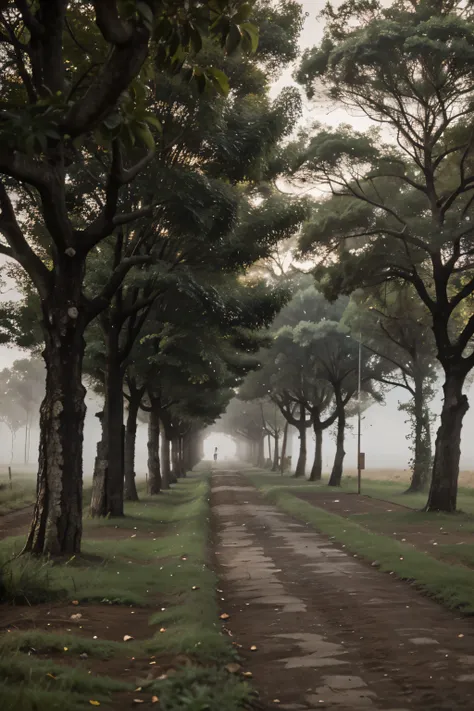 obra amestra, paisaje, relista,rio, campo, muchos arboles, lluvioso, neblina, camino rocoso, caminos infinito, arboles, 4k, saturado, colores vivos, hermoso