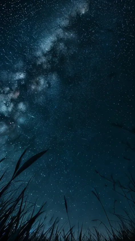 The night before dawn，Looking up at the sky from a low angle，grassland，Close up is tall grass，One，The sky in the distance，Shining starry sky，nebula,sky full of stars, Amazing concept art, beautiful fantasy painting, magnificent background，no humans，no anim...