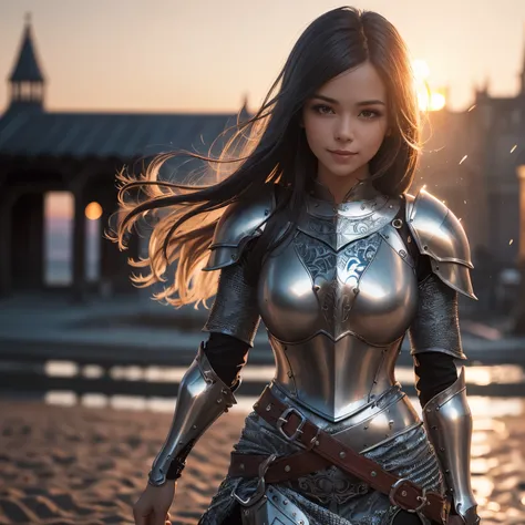 (main part), (extremely complex:1.3), (actual), Portrait of a girl smiling, the most beautiful in the world, (medieval armor), metal reflection, Upper body, outdoor, strong sunlight, Distant castle, Professional photo of a stunningly detailed woman, sharp ...