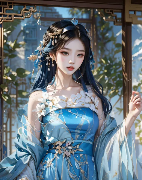 Image of Arafad woman in blue dress, beautiful fantasy queen, palace ， girl wearing hanfu, ((beautiful fantasy queen)), full body xianxia, Inspired by Lan Ying, Inspired by Qiu Ying, Inspired by Ma Yuanyu, Inspired by Tang Yifen, inspired by trees, Inspire...