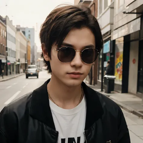 create a boy with the face of johnny from the group nct who wears glasses and stands on the street dressed with y2k vibes