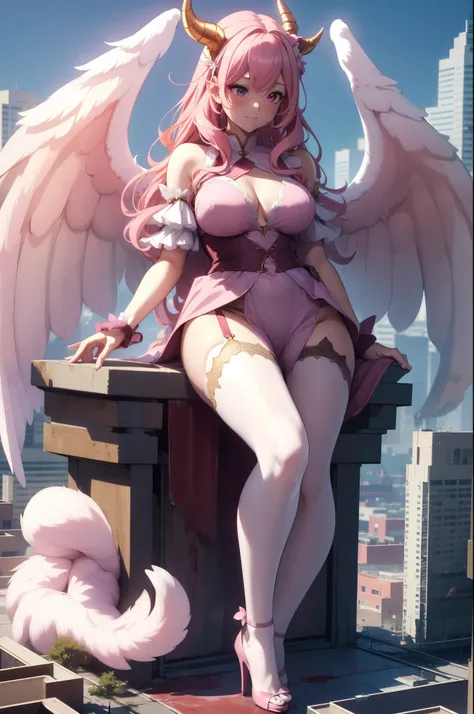 Aerial View，giant girl 50,000 feet high，Weight 1000kg，Have a pair of long legs，Has a pair of huge pink angel wings，With huge devil horns on his head，Has waist-length pink hair，loose hair，Pink wavy hair，Wearing a pair of pink Mary Jane high heels，Pink lace ...