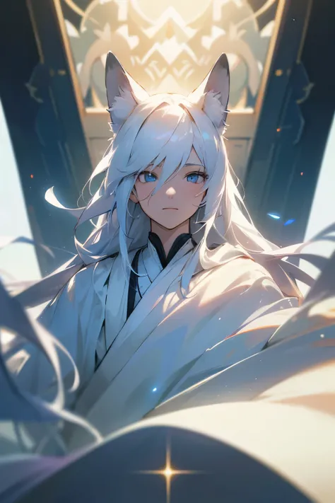 ((one person)),  White fox boy，cute， long white hair, perfect face, Festival background, Cinema lighting, depth of field, Light shining, Ray tracing, reflected light, close up, masterpiece, masterpiece, high quality, best quality, high level of detail, pre...