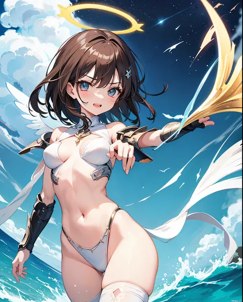 fantasy, 1angel_girl,child, loli,brown_hair, medium_bob_hair, long_bangs, halo,bare_shoulder,thighhighs,silver_armor, waist_armor, large_breasts,angry,grinning,open_mouth_teeth, 1pair_wings, dynamic_pose_fighting,floating, bare_crotch, headgear,gauntlet, g...