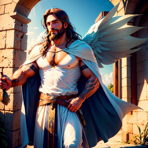 Sunset Spacious Sunrise sunshine, A handsome god Jesus christ ( jesus) blessing to the sky 35 years old with a long brown hair and long beard, healing woman, heaven blessings light with a cross background) happy face, ultra pro-realistic ,A beautiful ultra...