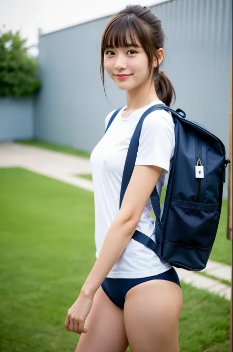 girl standing in school yard,short-sleeved white plain t-shirt with navy blue trim,navy blue speedo-style briefs,school bag,18-year-old,bangs,a little smile,thighs,knees,short cut hair,low ponytail,from below,front-lighting