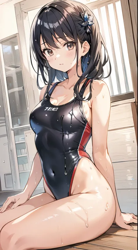 anime girl in a black swimsuit sitting on a wooden floor, is wearing a swimsuit, wet swimsuit, swimsuit, seductive anime girl, beautiful charming anime teen, swimsuit, Asuka&#39;s suit under clothes!, mayuri shiina, Chun-Li at the gym, small curvaceous lol...