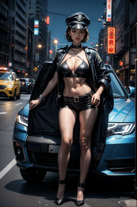 Highest image quality,Outstanding details,超高分辨率,one-girl,mechs,She wears a sexy police uniform showing clevage,Holding a gun in ha, Robust body,Sexy and robust,Detailed abs,Detailed muscle lines,dynamicposes,the night,Future city street view background,neo...