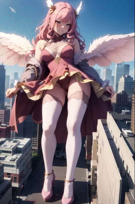 Aerial View，giant girl 50,000 feet high，Weight 1000kg，Have a pair of long legs，Has a pair of huge pink angel wings，With huge devil horns on his head，Has waist-length pink hair，loose hair，Pink wavy hair，Wearing a pair of pink Mary Jane high heels，Pink lace ...