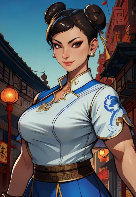 chun li, double bun,  black hair, brown eyes,  
chinese clothes, spiked bracelet, bun cover, earrings , 
standing, upper body,  ...