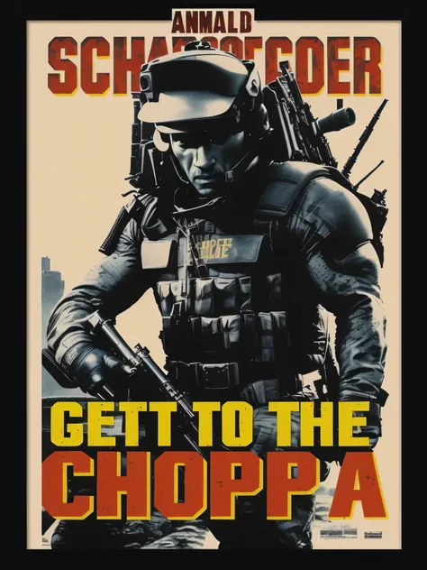 seguindo: "CHEGUE AO CHOPPA", ARNOLD SCHWARZENEGGER MOVIE POSTER PRINTING IN MOLD, poster for the 1987 film Military with an image of Arnold Schwarzenegger in the film 1987, cartaz oficial do filme