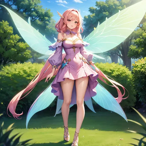 Adult 25 years old woman Flying fairy wearing fairy clothes design outfit , detailed fairy clothes outfit , character design , standing full body facing toward the camera