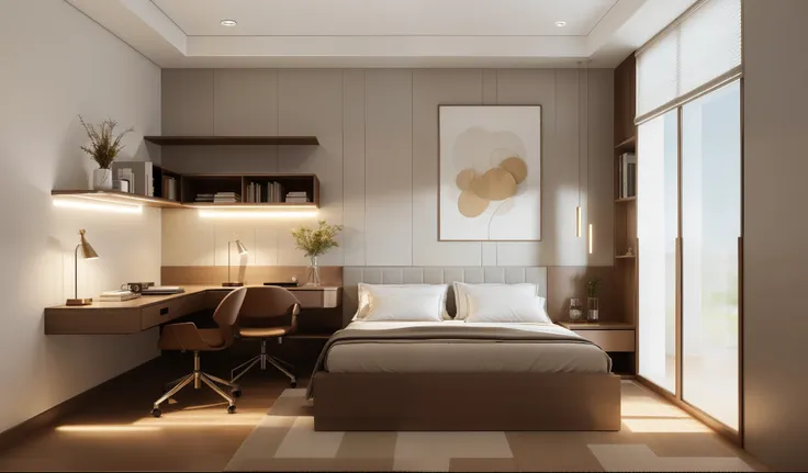 (modern style:1.2), a modern bedroom should have a neutral color palette, simple and sleek furniture, natural materials like woo...