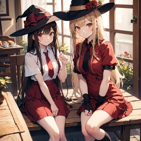 two anime witch girls with long hair and dresses sitting in front of tea room, multiple girls, 2 girls, have, mob cap, blonde hair, tie, dress, red eyes, skirt, shirt, brown hair, smile, red dress, brown eyes, looking at the viewer, short sleeve, over knee...