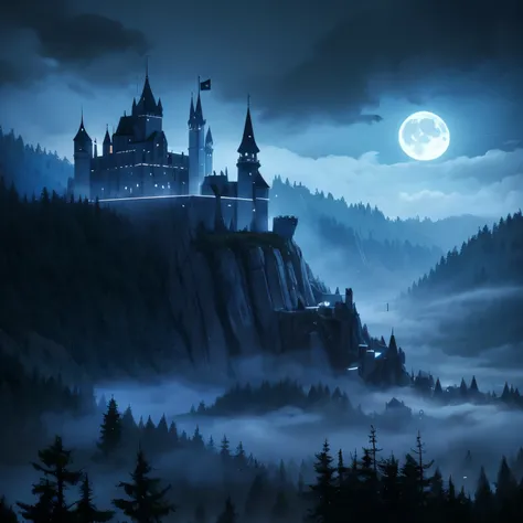 Emphasis seen far away from a dry, dark forest, with a lot of fog, terreno plano, totally blue and dark scenery. Night time. A small castle seen very far away with a full moon in the sky and dark clouds. View of the entire scene very far away.