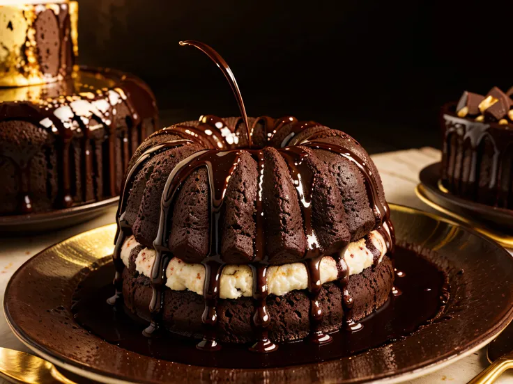 Bolo Lava de Chocolate com ganache de chocolate, liquid chocolate pouring when cut on a solid 24-karat gold plate with a large glass of cholate milk and perfectly positioned utensils