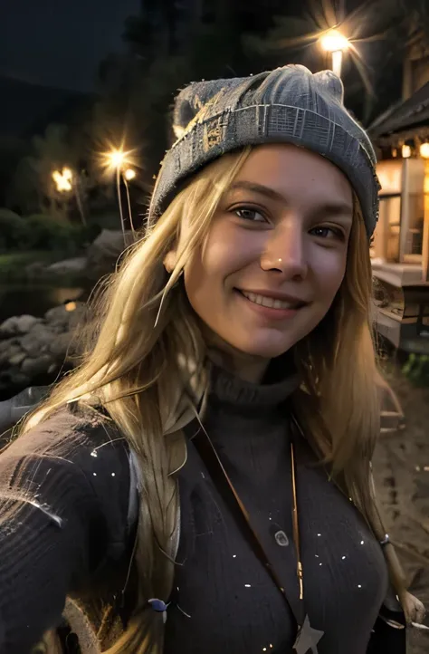 1 woman ((upper body selfie, happy)), ((long blond hair)) masterpiece, best quality, ultra-detailed, ground, outdoor, (night), mountains, nature, (stars, moon) cheerful, happy, backpack, bag sleeping, camping stove, water bottle, mountain boots, gloves, sw...