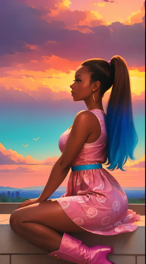 (best quality:1.1),original,1girl,chic,trendy,afro,dark skin,makeup,1970s, blue hair, brown eyes An illustration of african american woman with natural hair, in the style of ross tran, a pink dress with a cute cloud print and cute pink boots, a gorgeous wo...