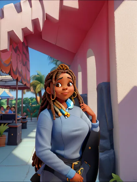 uma mulher negra estilo disney pixar, alta quakidade, melhor qualidade, roupa de cozinheira preta, ao fundo um restaurante, cabelo liso, Don&#39;t wear dreadlocks in your hair, tiara amarela no cabelo