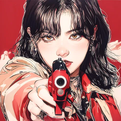 k-pop, pointing a gun at you, annoyed, pop art