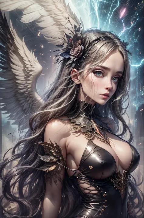 In a canvas of dreams, paint a scene where a girl embodies both angelic grace and the gritty allure of Cyberpunk and Steampunk realms. Amidst swirling smoke, capture her essence at the confluence of celestial wings, futuristic cybernetics, and Victorian-in...