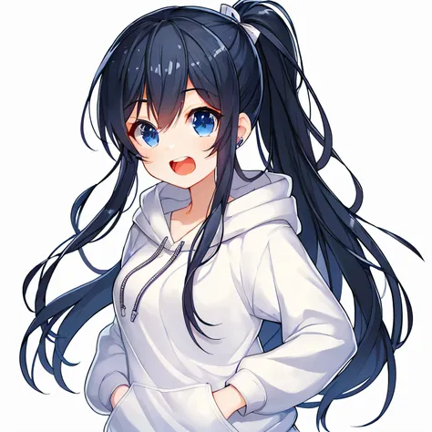 anime style, Black-haired Kami-chan&#39;s chibi character illustration as LINE stamp. Kami is an 18 year old girl、have long hair。, Shiny black hair tied into a ponytail, bright blue eyes, Slim but healthy body shape. she is wearing modern clothes, Casual s...