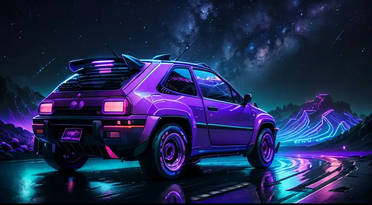 Retrowave, Fiat Panda Car, Wide Body Kit, Road, Purple Neon Lights, Mountain, Starry Night (Artwork, Detailed, High Resolution)