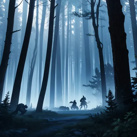 War emphasis with 2 warriors fighting 1 black werewolf. Forest scenery with dry trees, a noite. Vista distante. Totally bluish and dark lighting, with a lot of fog.