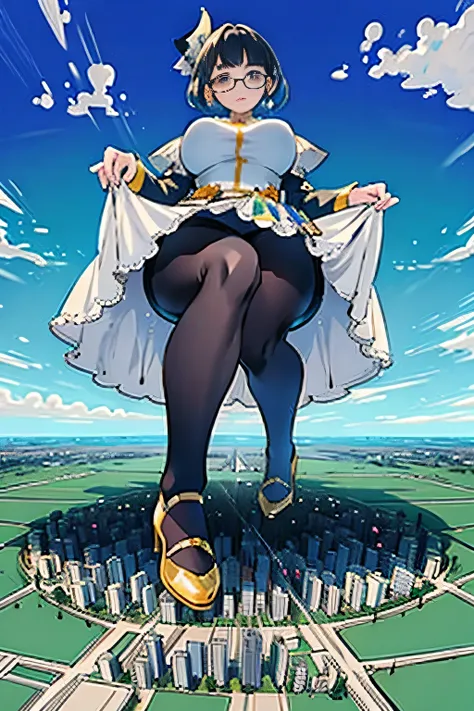 Giantの芸術, 非常に詳細なGiantショット, Giant, short hair, black pantyhose, A giant princess much bigger than a skyscraper, wearing rimless glasses, big breasts, big ass, White luxury dress, white pantyhose, white high heels, very small metropolis, miniature metropolis...