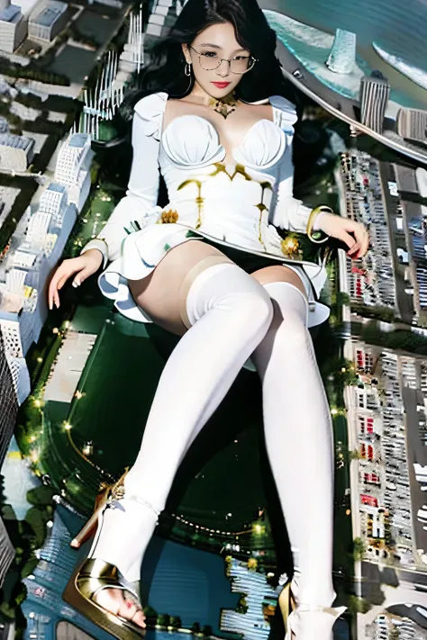 Giantの芸術, 非常に詳細なGiantショット, Giant, short hair, black pantyhose, A giant princess much bigger than a skyscraper, wearing rimless glasses, big breasts, big ass, White luxury dress, white pantyhose, white high heels, very small metropolis, miniature metropolis...