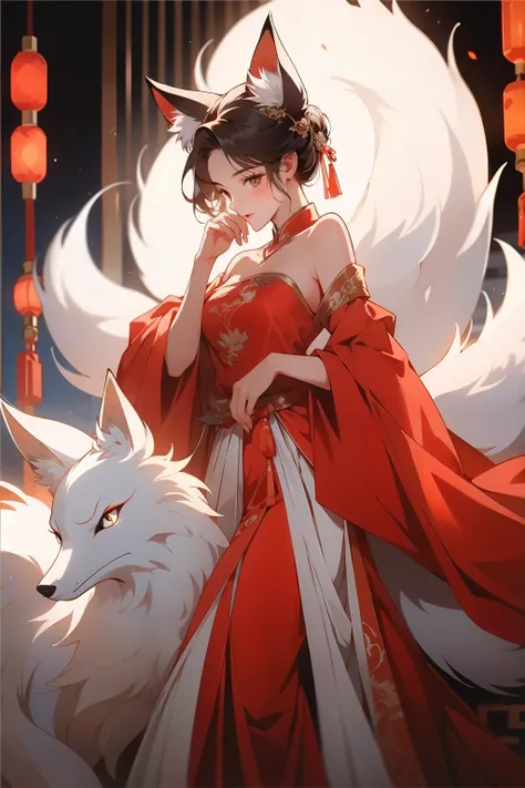 (masterpiece), (best quality), 1girl, girl with fox ears, dudou, Chinese dress, riding a nine-tail fox, off shoulder