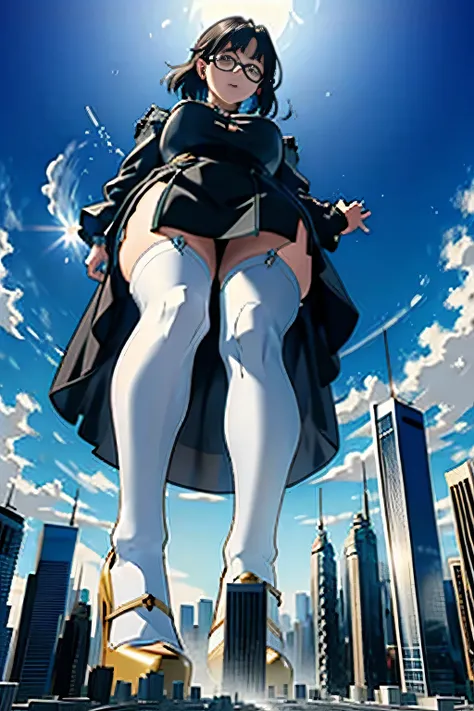 Giantの芸術, 非常に詳細なGiantショット, Giant, short hair, black pantyhose, A giant princess much bigger than a skyscraper, wearing rimless glasses, big breasts, big ass, White luxury dress, white pantyhose, white high heels, very small metropolis, miniature metropolis...