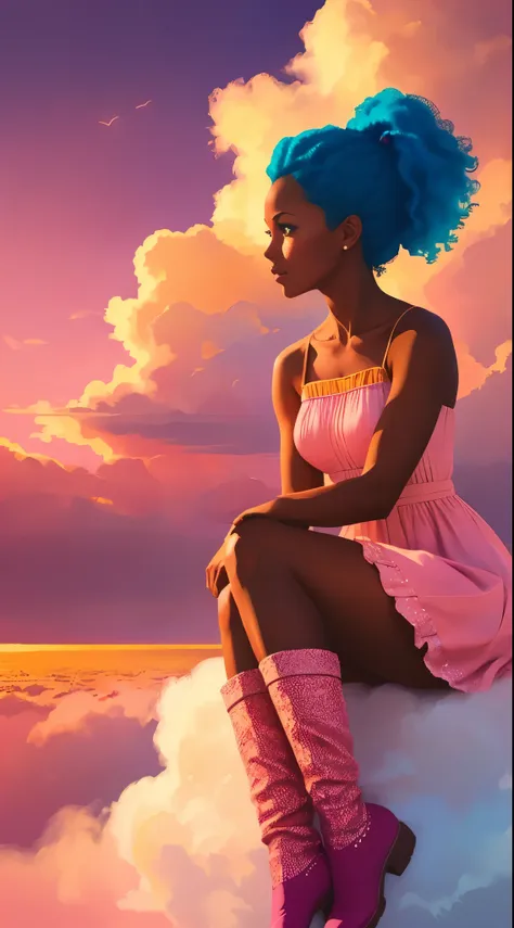 (best quality:1.1),original,1girl,chic,trendy,afro,dark skin,makeup,1970s, blue hair, brown eyes An illustration of african american woman with natural hair, in the style of ross tran, a pink dress with a cute cloud print and cute pink boots, a gorgeous wo...