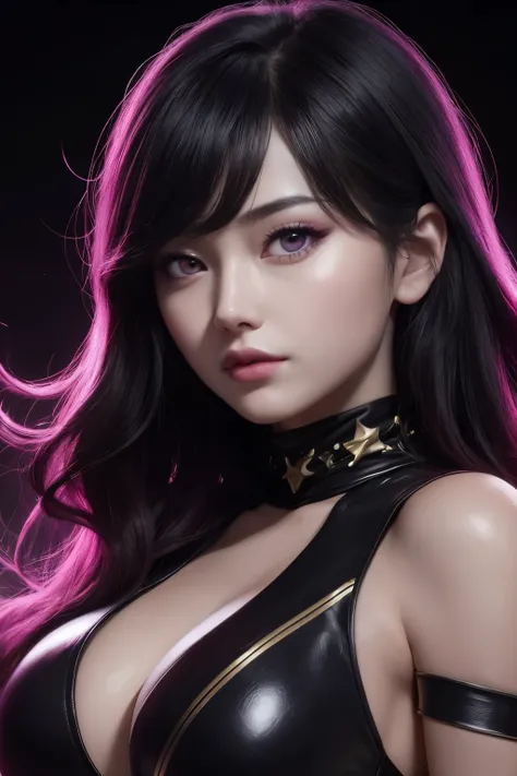 1girl, evelyn, kda, evelyn league of legends, star eye, blush, perfect illumination, black hair, red eyes, unreal engine, sidelighting, detailed face, bangs, bright skin, simple background, dark background, purple light rim