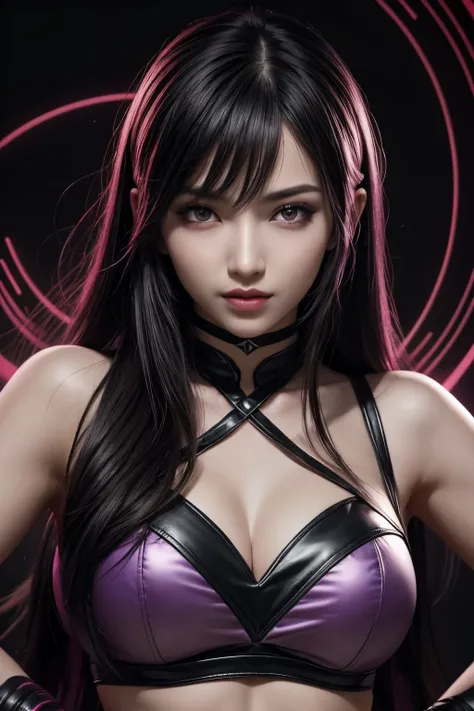 1girl, akali, kda, akali league of legends, star eye, blush, perfect illumination, black hair, red eyes, unreal engine, sidelighting, detailed face, bangs, bright skin, simple background, dark background, purple light rim