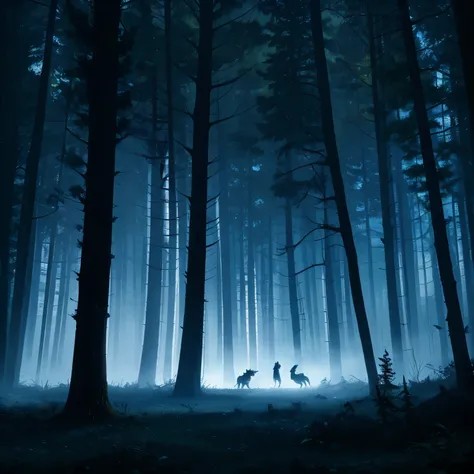 Emphasis of werewolf attacking a vampire, scenery in a flat forest, with dry trees, the night with a lot of fog, Totally bluish and dark lighting. Vista distante muito distante.