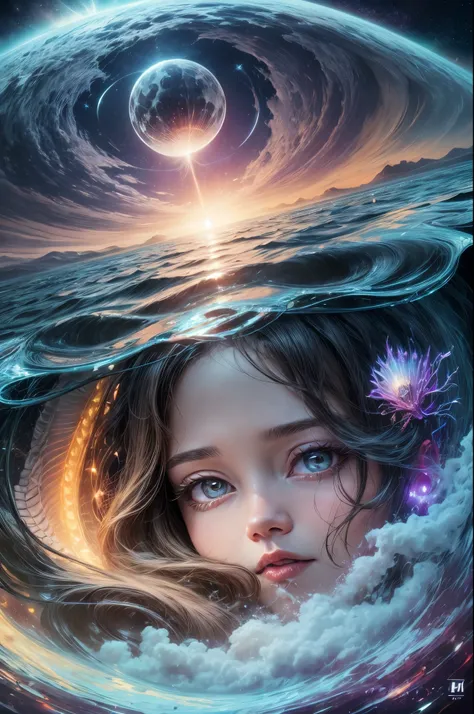 "(((Interstellar creature))) floating amidst a sea of liquid clouds, (surreal) art featuring a (futuristic) girl with (transcendent) beauty, a canvas of (vivid) hues, (intricately detailed)