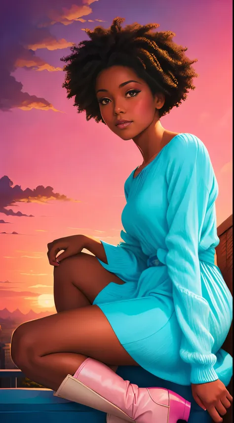 (best quality:1.1),original,1girl,chic,trendy,afro,dark skin,makeup,1970s, blue hair, brown eyes,  A fantasy illustration of african american woman with natural hair on a pink clouds, in the style of ross tran, a pink dress with a cute cloud print and cute...