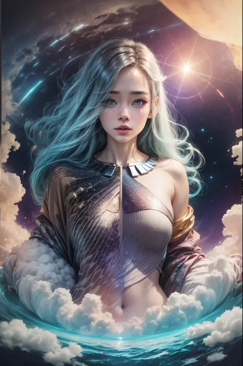 "(((Interstellar creature))) floating amidst a sea of liquid clouds, (surreal) art featuring a (futuristic) girl with (transcendent) beauty, a canvas of (vivid) hues, (intricately detailed)