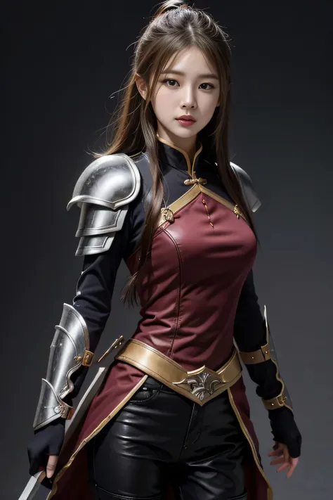 Chinese female general，Hua Mulan，Leather armor lined with reddish brown tabard，battlefield background，Bundle hair，