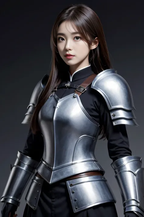 Chinese female general，Han Dynasty Leather Armor，battlefield background，Bundle hair，purple brown jersey