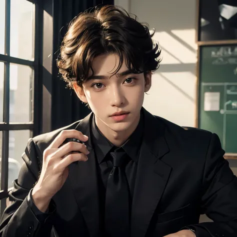 Black eyes, monolid eyes, black hair, curly hair boy, using school uniform for a senior boy, in the school, normal face, bright color.