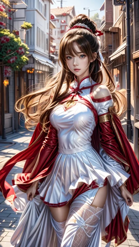 girl in a white dress and red cape walking down a street, extremely detailed artgerm, anime style 4 k, 8k high quality detailed art, beautiful anime girl, beautiful alluring anime woman, anime fantasy artwork, detailed digital anime art, portrait knights o...