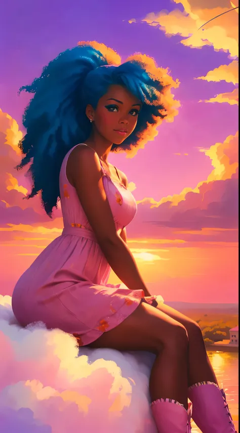 (best quality:1.1),original,1girl,chic,trendy,afro,dark skin,makeup,1970s, blue hair, brown eyes An illustration of african american woman with natural hair, in the style of ross tran, a pink dress with a cute cloud print and cute pink boots, a gorgeous wo...