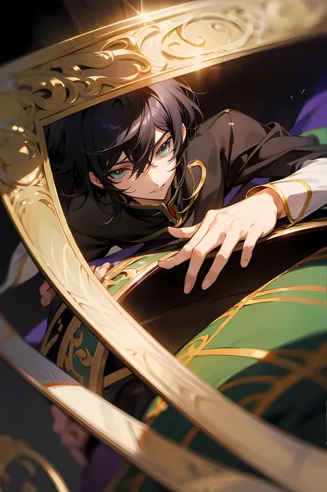 anime boy, long eyelashes, lelouch, masterpiece, unsharp, 8k resolution, lelouch vi Britannia, hair down, black hair, detailed eyes, detailed hair, attractive slim hand, short anime hair, intricate facial expression