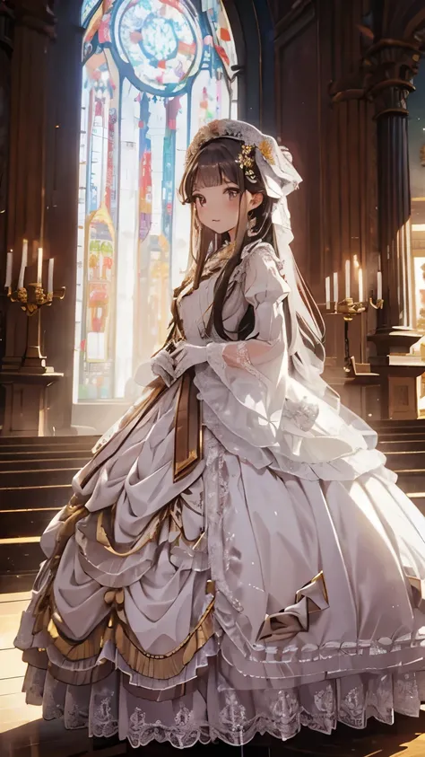 In front of the altar of a majestic church、（blurred background）、brighter light、golden long hair girl、Classic White Wedding Dresses、（elegant luster）、（Lots of races）、lots of ribbons、((voluminous puff sleeves))、long cuffs with many buttons、golden embroidery、l...