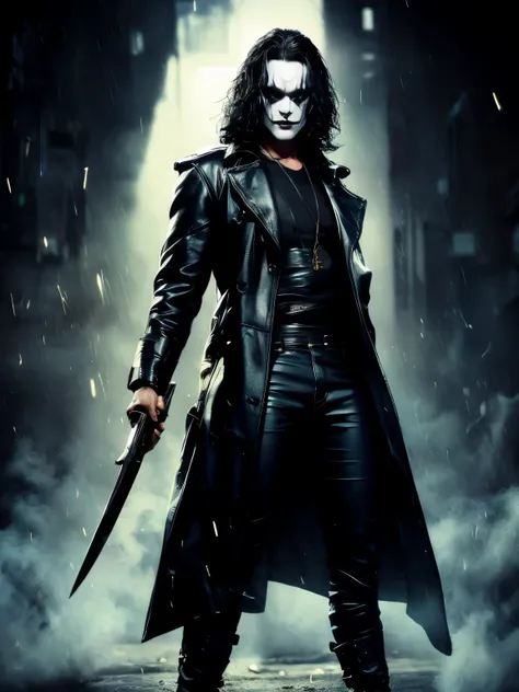 a cinematic poster of the character, "the crow". the character is in the middle of a dark street, with a bright green light shin...